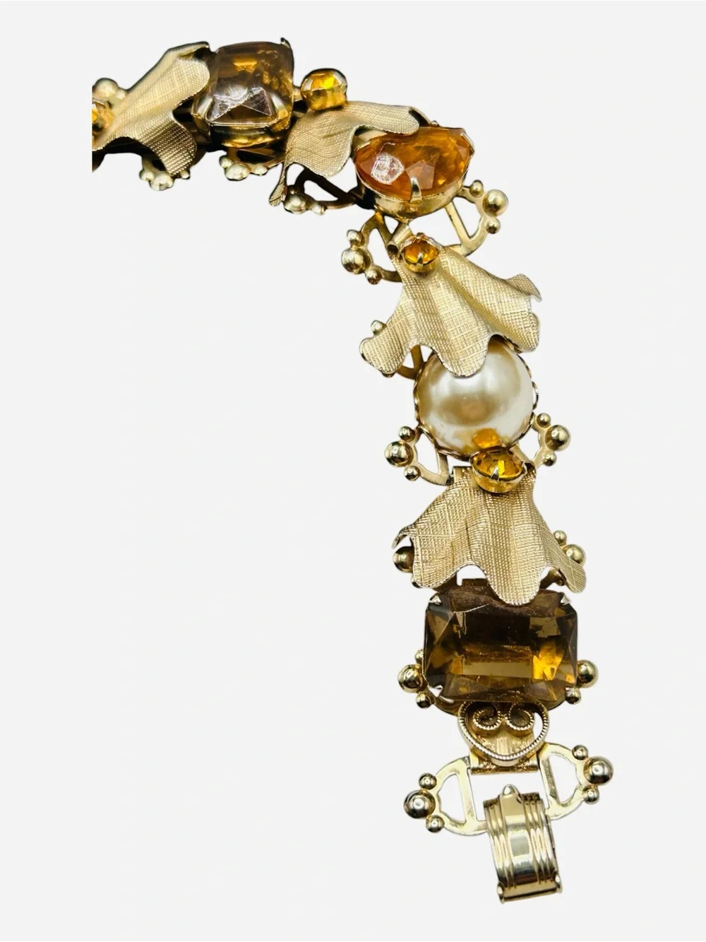 Massive  Vintage Topaz Glass Faux Pearl Book Chain Bracelet
